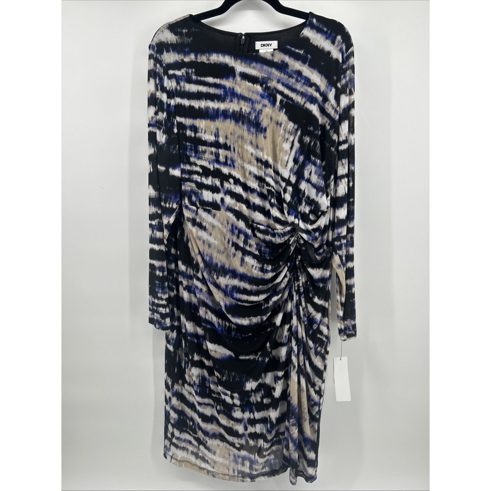 NWT DKNY Plus Size 18W Mesh Dress Long Sleeve Blue Abstract Ruched Sheath $149
